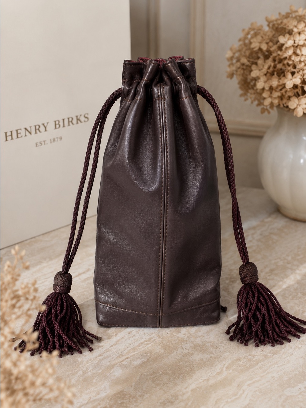 Vintage Henry Birks Leather Drawstring Pouch Bag Tassels Burgundy